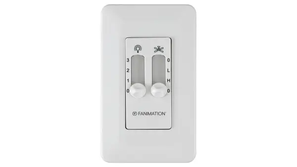 The Palisade wall control offers straightforward fan and light management with 2-speed operation and 3-position light control. Ideal for basic ceiling fan installations requiring simple, reliable control without remote functionality.