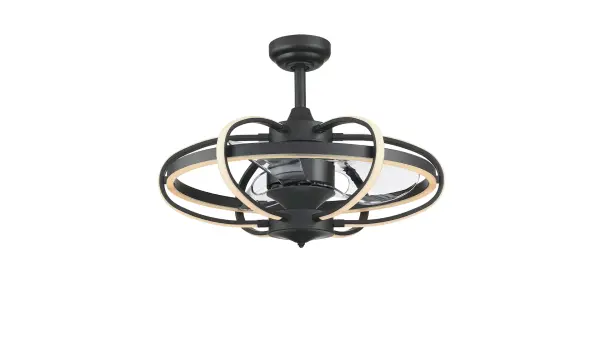 The Obvi ceiling fan combines contemporary style with efficient cooling in a compact 22-inch design. Features clear acrylic blades, six LED arm lights, and a center LED band for ambient lighting. Perfect for bedrooms and small rooms.