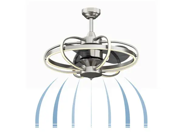 The Obvi ceiling fan combines contemporary style with efficient cooling in a compact 22-inch design. Features clear acrylic blades, six LED arm lights, and a center LED band for ambient lighting. Perfect for bedrooms and small rooms. - alternate view
