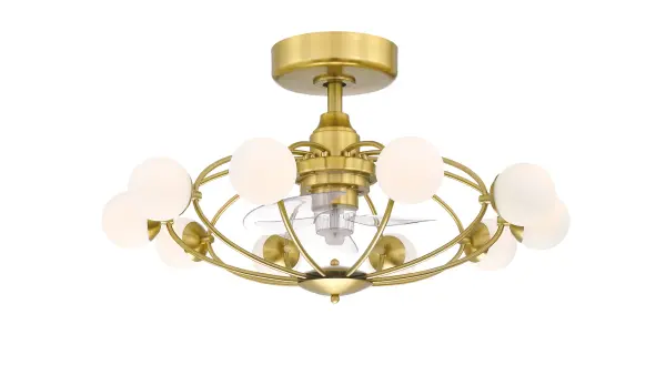 The Kerring is an ultra-compact 14" ceiling fan designed for tight spaces where traditional fans won't fit. Its contemporary design features clear acrylic blades and brushed brass finish, delivering 1372 CFM airflow with integrated 3200-lumen LED lighting.