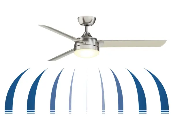 The Xeno combines modern aesthetics with exceptional performance, delivering 6605 CFM airflow through its 56-inch brushed nickel blades. Damp-rated for versatile placement, it includes integrated LED lighting and smart control compatibility. - alternate view