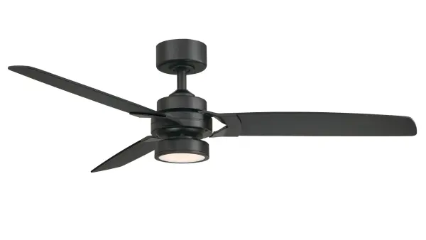 The Amped Ceiling Fan by Fanimation does indeed bring intensity to a room. This Ceiling fan features 5 blades with a 52 inch blade span and an 18 watt LED Light Kit. The fan finish options available include Black, Black with Brushed Satin Brass, Brushed Nickel, Matte White, and Matte White with Brass. Handheld remote included. This ceiling fan is Dry rated for Indoor use only. A Wi-Fi receiver for smart home connectivity may be purchased separately. Reversible airflow for multi-season use