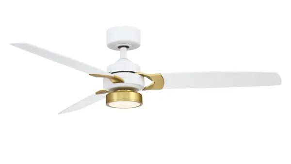 The Amped Ceiling Fan by Fanimation does indeed bring intensity to a room. This Ceiling fan features 5 blades with a 52 inch blade span and an 18 watt LED Light Kit. The fan finish options available include Black, Black with Brushed Satin Brass, Brushed Nickel, Matte White, and Matte White with Brass. Handheld remote included. This ceiling fan is Dry rated for Indoor use only. A Wi-Fi receiver for smart home connectivity may be purchased separately. Reversible airflow for multi-season use