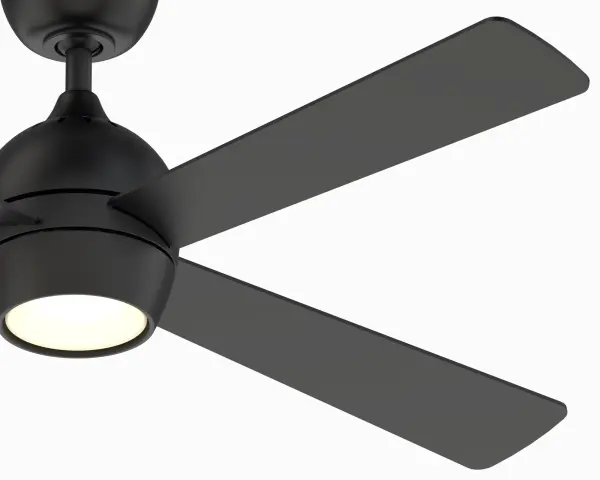 The Kwad 52 combines sleek modern design with high-performance cooling, delivering 4738 CFM airflow and excellent energy efficiency at 85 CFM/W. The integrated 18W LED light kit provides warm 3000K illumination, while smart home compatibility offers convenient control options. - alternate view