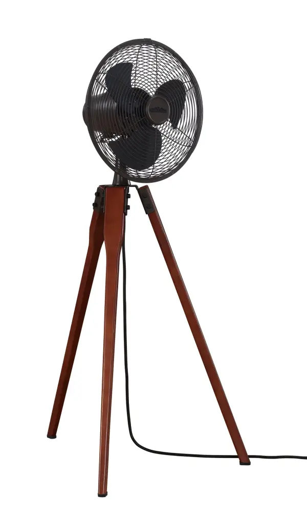 The Arden by Fanimation performs double duty, combining functionality with aesthetics. The Walnut legs and the fans Oil Rubbed Bronze finish recall the clean and classic lines of an architects tripod, dovetailing nicely with transitional as well as classic décor. The Arden stands just under 44 inches high (including grill). A three-speed rotary switch provides a trio of comfort levels. All Fanimation motors are protected by a limited lifetime warranty. - alternate view