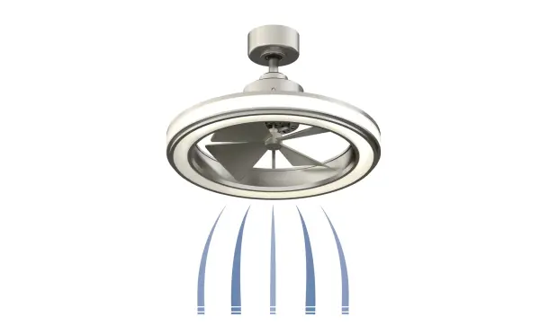 The Gleam is an ultra-compact 16" ceiling fan designed for tight spaces requiring damp-rated performance. With integrated 20W LED lighting and sleek contemporary styling, it delivers efficient airflow in bathrooms, closets, and small bedrooms. - alternate view
