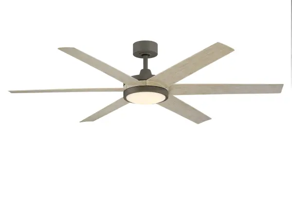 Shown in Fanimation's new finish release, Antique Graphite and Light Oak blades. A 30W LED CCT Select Light Kit paired with fanSync Wi-Fi makes this 64 inch ceiling fan a dual threat of brains and Brawn.