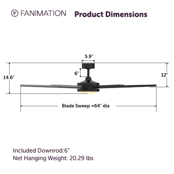 Shown in Fanimation's classic Black finish with matching Black blades. A 30W LED CCT Select Light Kit paired with fanSync Wi-Fi makes this 64 inch ceiling fan a dual threat of brains and Brawn. - alternate view