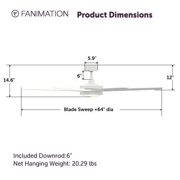 Shown in Fanimation's classic Matte White finish with matching Matte White blades. A 30W LED CCT Select Light Kit paired with fanSync Wi-Fi makes this 64 inch ceiling fan a dual threat of brains and Brawn. - alternate view