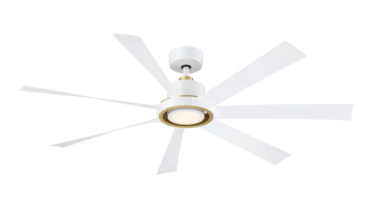 Lenzi 60 inch Indoor/Outdoor Smart Ceiling Fan with LED Light Kit - Matte White with Brushed Satin Brass Accents with Matte White blades