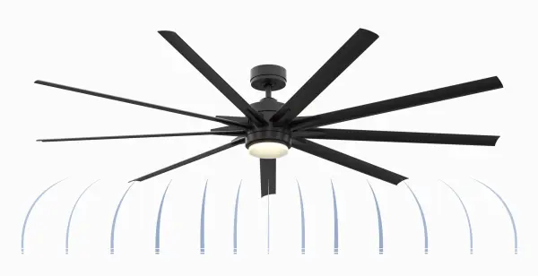 The Odyn 84 by Fanimation makes a dramatic statement in any space with its iconic nine-blade design and commanding presence. Designed for expansive indoor and outdoor living areas, this ceiling fan combines contemporary style with exceptional performance and energy efficiency. A powerful DC motor delivers smooth, quiet operation, while the integrated dimmable LED light kit with CCT Select Technology allows you to customize the ambiance with multiple light color options. Featuring fanSync Wi-Fi connectivity, the Odyn 84 can be controlled through your smartphone or compatible voice assistant for added convenience. Complete with an included remote control, this fan offers the perfect blend of modern technology, comfort, and sophisticated design for great rooms, covered patios, and other large-scale spaces. - alternate view