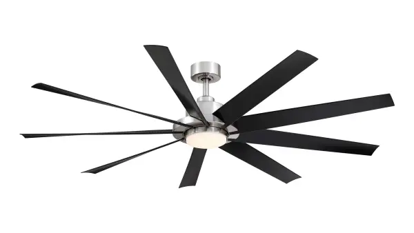 The SixtyFour delivers exceptional performance with 8,519 CFM airflow and energy-efficient DC motor. Features 9 blades, integrated LED light with adjustable color temperature, and damp rating for indoor/outdoor use.
