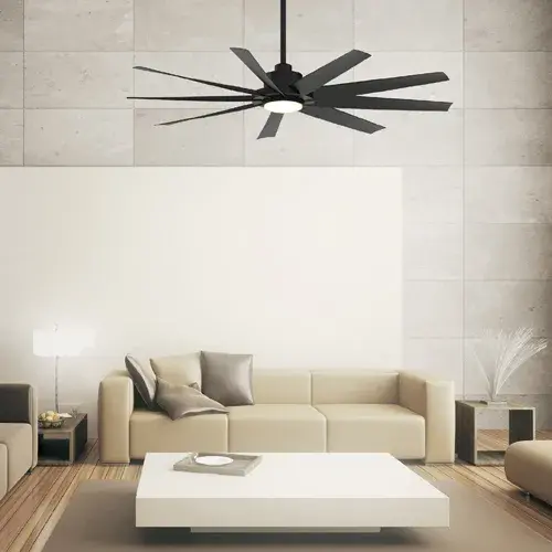 The SixtyFour delivers exceptional performance with 8,519 CFM airflow and energy-efficient DC motor. Features 9 blades, integrated LED light with adjustable color temperature, and damp rating for indoor/outdoor use. - alternate view