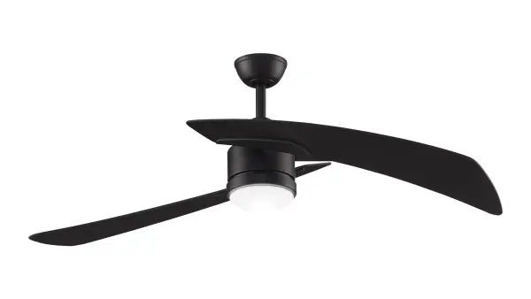 The Aire Duo delivers impressive 4638 CFM airflow with energy-efficient 43W AC motor. Features 2-blade contemporary design, integrated 18W LED with color temperature selection, and remote control. Available in three finishes with matching blade options.