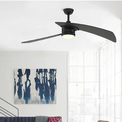 The Aire Duo delivers impressive 4638 CFM airflow with energy-efficient 43W AC motor. Features 2-blade contemporary design, integrated 18W LED with color temperature selection, and remote control. Available in three finishes with matching blade options. - alternate view