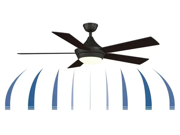 The Aire Drop delivers exceptional airflow at 5,693 CFM with impressive 87 CFM/watt efficiency. Features include 3-speed AC motor, reversible wood-tone blades, integrated 18W LED with color temperature selection, and remote control. - alternate view