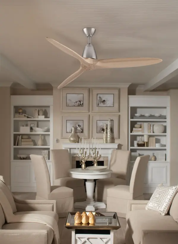The Prop ceiling fan by Michael Graves Design Group combines modern sophistication with artistic flair. Its three hand-carved buttonwood blades and brushed nickel finish create a unique statement piece for contemporary spaces. - alternate view