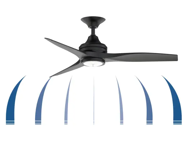 The Spitfire 48" combines contemporary aesthetics with exceptional performance, delivering 5,164 CFM at high speed. Its three-blade design offers a clean, modern look while the damp rating and multiple finish options make it versatile for various spaces. - alternate view