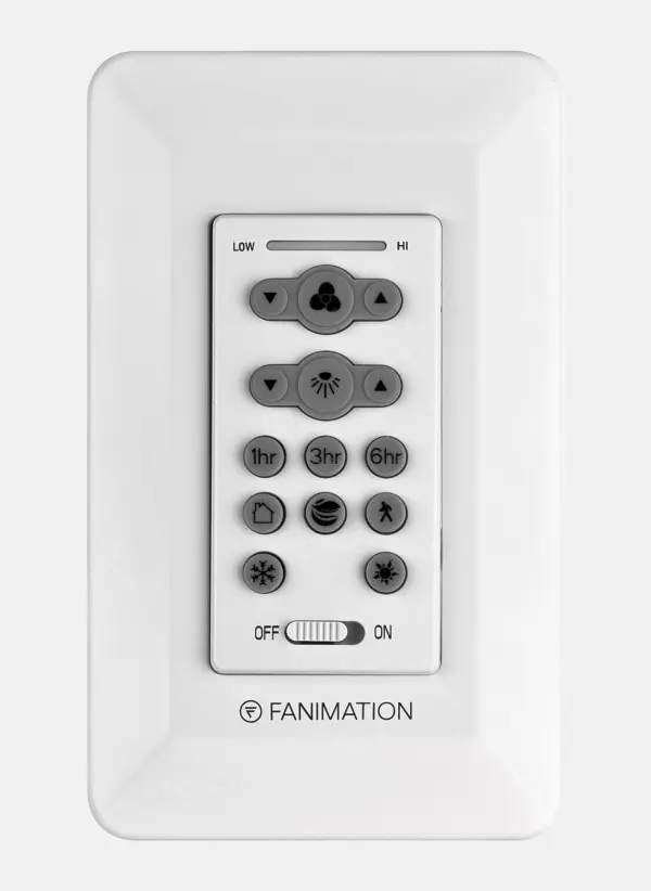 Wall-mounted remote control offering precise fan speed control with 31 settings, reversible operation, programmable timers, and smart home/away functions. Compatible with TR205D remote for comprehensive climate control.