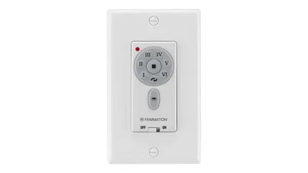Comprehensive wall-mounted control for DC ceiling fans with 6 speed settings, reversible operation, and integrated downlight control. Includes switch plate for clean installation.