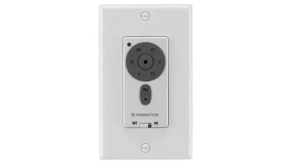 Professional-grade wall transmitter offering precise 6-speed fan control, reversible motor operation, and integrated downlight control. Includes switch plate for clean installation in any room with DC motor ceiling fans.
