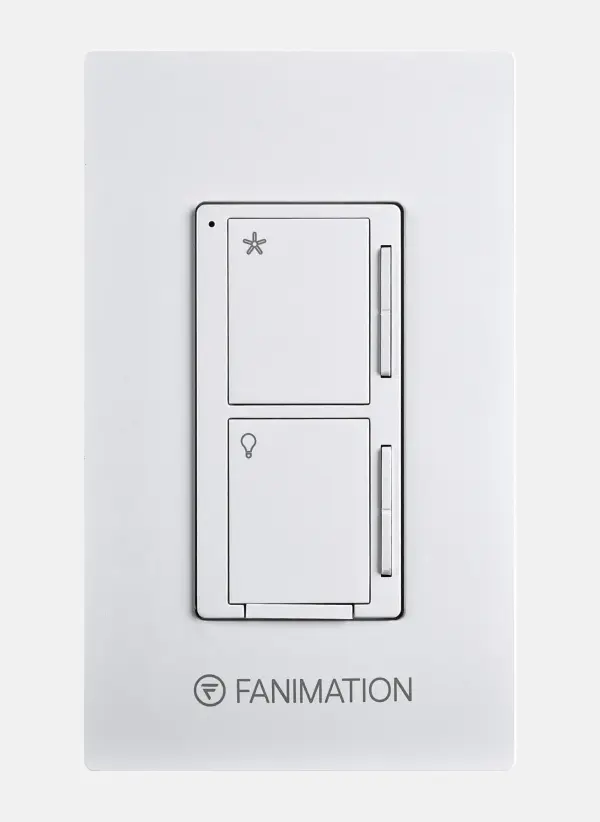 The WC2 wall control offers convenient hardwired operation for ceiling fans with integrated lighting. Features 3-speed fan control, dimming capability, and simple on/off rocker switch in a clean white finish.