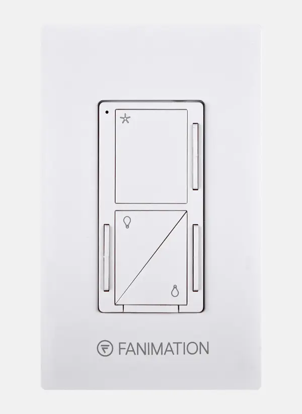 The WC3 wall control offers comprehensive management of ceiling fans and lighting with three fan speeds, separate uplight/downlight dimming, and convenient on/off rocker switches. Hardwired 4-wire installation ensures reliable operation.