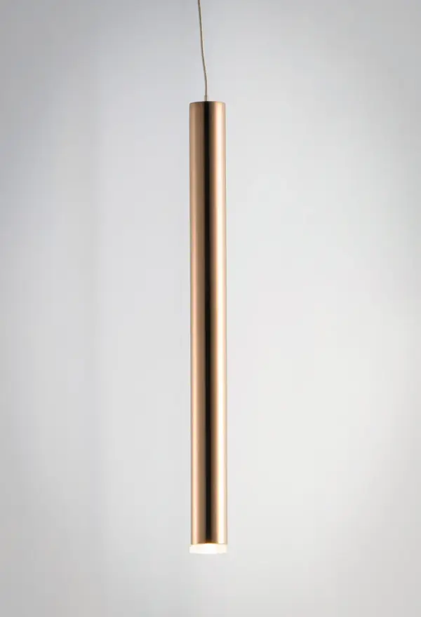 The Flute Mini Pendant features an elongated metal tube design in luxurious Rose Gold finish with integrated LED technology. Its compact size and sculptural aesthetic make it perfect for accent lighting in intimate spaces. - alternate view