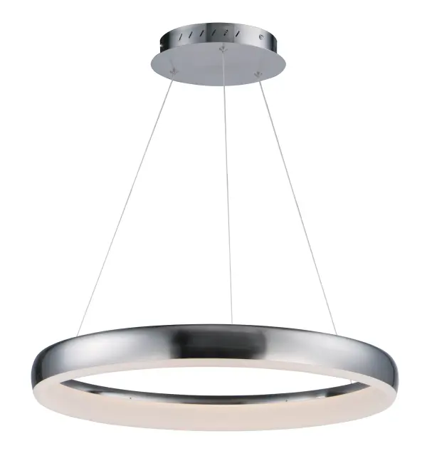 The Innertube pendant features a distinctive doughnut-shaped ring design in Satin Nickel with integrated LEDs angled to provide uniform, diffused lighting. Its contemporary aesthetic and 24-inch diameter make it versatile for various spaces.