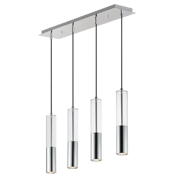 The Torch Linear Pendant combines industrial-inspired machined aluminum tubes with clear glass overlays for a sophisticated contemporary look. Four recessed LED GU10 bulbs provide excellent directional task lighting.