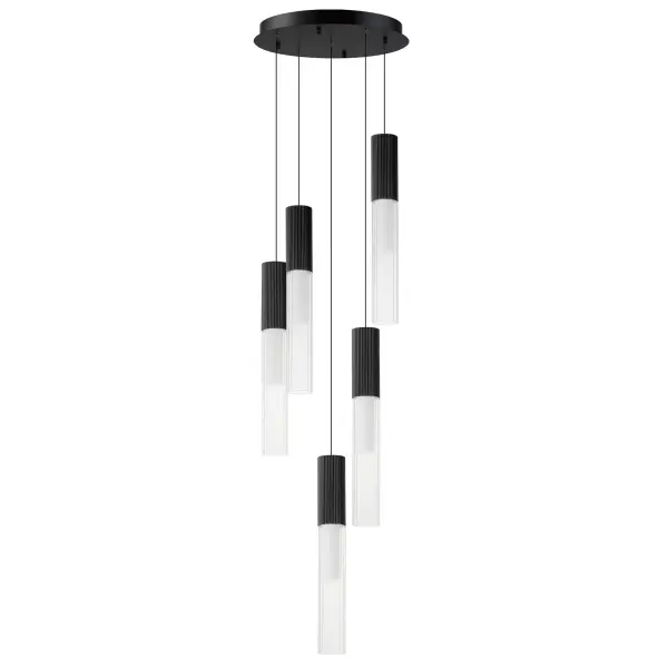The Reeds 5-Light Pendant combines vertically fluted aluminum housings with linear reeded glass tubes for sophisticated visual interest. Frosted diffusers soften powerful LED illumination while the matte black finish adds contemporary elegance to residential and commercial spaces.