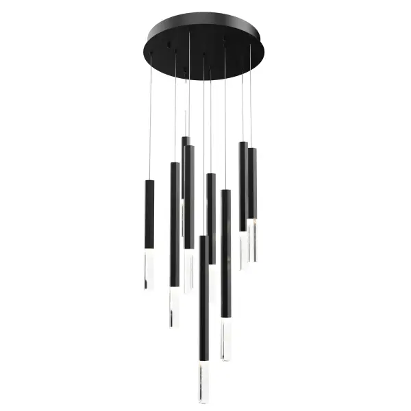 The Diaphane pendant transforms natural rock crystal into a dramatic lighting sculpture. Nine hexagonal tubes of varying lengths create a cascading effect, each showcasing unique translucent quartz blocks that refract light beautifully.