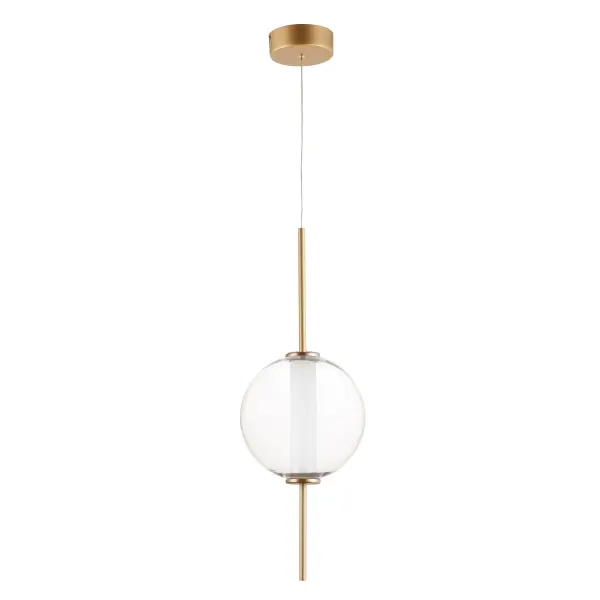 The Axle pendant combines contemporary minimalism with a touch of whimsy through its unique gold pin suspension system. The clear glass orb houses an evenly diffused LED cylinder, creating clean, modern illumination perfect for intimate spaces.
