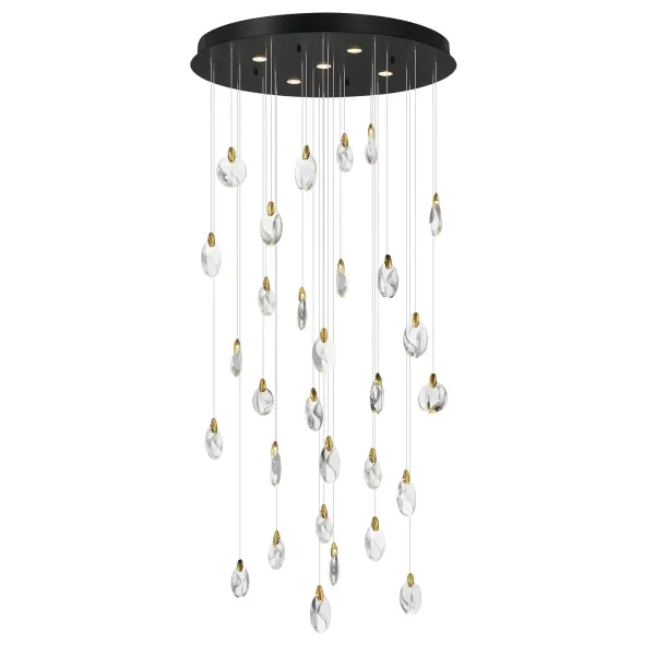 The Pebble Multi-Tier Chandelier transforms natural riverbed inspiration into a breathtaking lighting sculpture. Irregularly shaped crystal pebbles suspended by polished gold clasps create an iridescent shimmer, while concealed LEDs and downlighting deliver both ambiance and function.