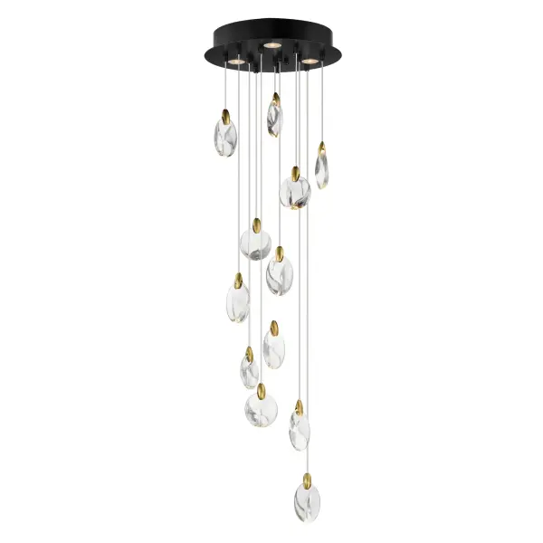 The Pebble pendant transforms natural river stone inspiration into a stunning 12-light fixture. Irregularly shaped crystal pebbles suspended by polished gold clasps create an organic, sculptural presence while concealed LEDs produce a mesmerizing iridescent shimmer.