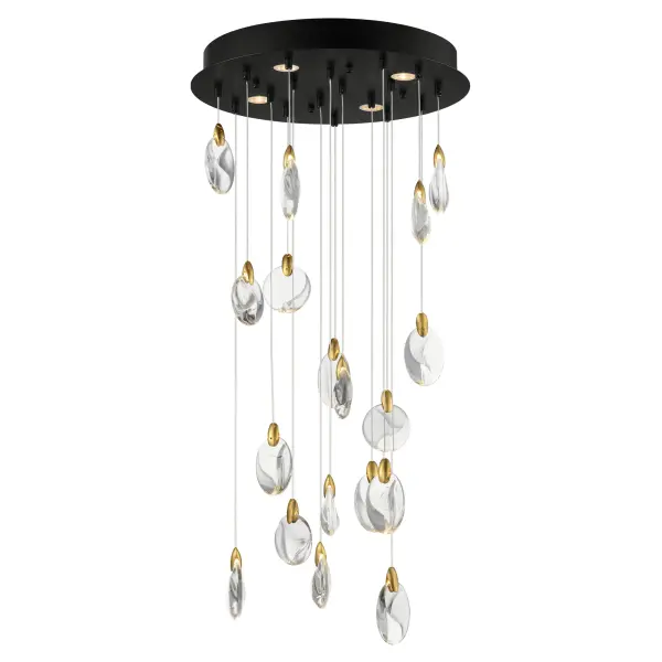 The Pebble collection brings nature-inspired elegance with irregularly shaped crystal pebbles suspended from polished gold clasps. Concealed LED lighting creates an iridescent shimmer while the matte black canopy provides additional downlight.