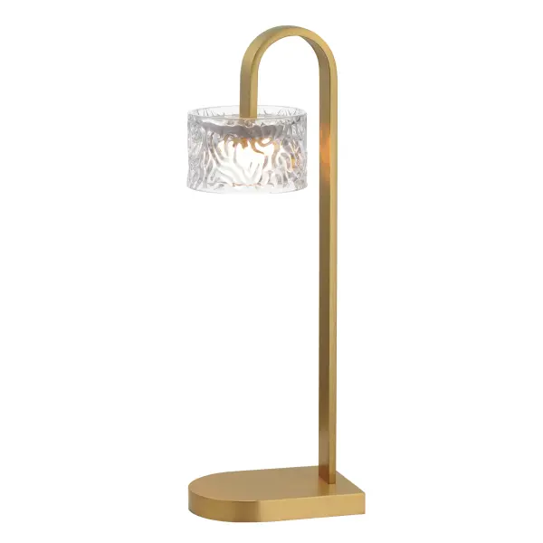 The Elysian table lamp combines clear glass cylinders with rippled crystal accents on a Natural Aged Brass frame. Integrated LED backlighting creates a luminous, artistic composition perfect for modern interiors.