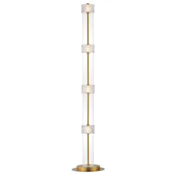 The Elysian floor lamp showcases a stunning vertical composition of clear glass cylinders separated by rippled crystal fonts on a refined Natural Aged Brass frame. Integrated LED backlighting creates an airy, luminous effect.