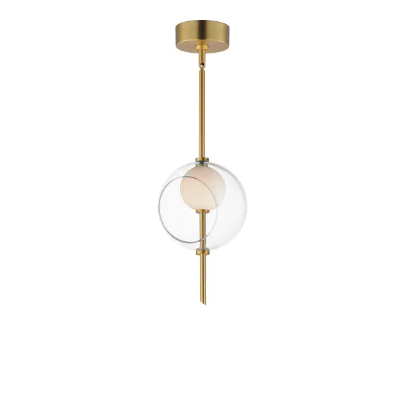 The Martini pendant brings contemporary elegance with its distinctive double-globe design featuring clear outer glass and white inner shade. The Natural Aged Brass finish adds warmth while the integrated LED provides efficient, focused illumination.