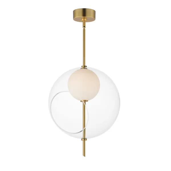 The Martini Pendant combines architectural elegance with functional LED lighting. Its distinctive double-globe design features a clear outer shade with slanted opening revealing an illuminated white inner globe, creating visual depth and ambient warmth.