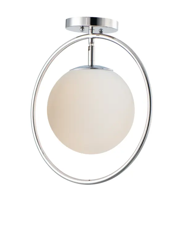The Revolution Flush Mount combines polished nickel hoops with satin white glass spheres for a clean, contemporary look that bridges modern and transitional styles. Perfect for low-ceiling spaces needing stylish illumination.