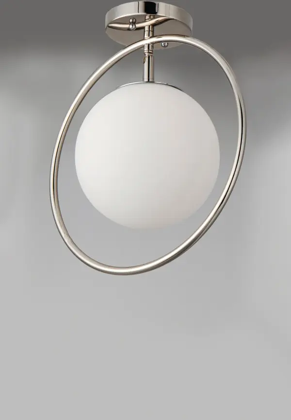 The Revolution Flush Mount combines polished nickel hoops with satin white glass spheres for a clean, contemporary look that bridges modern and transitional styles. Perfect for low-ceiling spaces needing stylish illumination. - alternate view