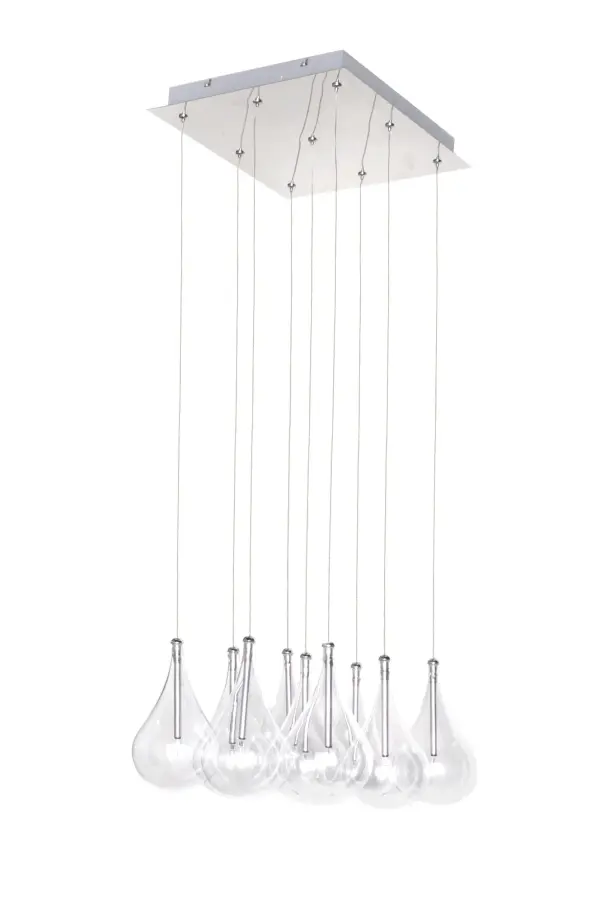 The Larmes collection delivers dramatic visual impact with rows of oversized clear glass teardrops suspended from polished chrome. Each drop is individually adjustable for custom stagger effects and height customization.
