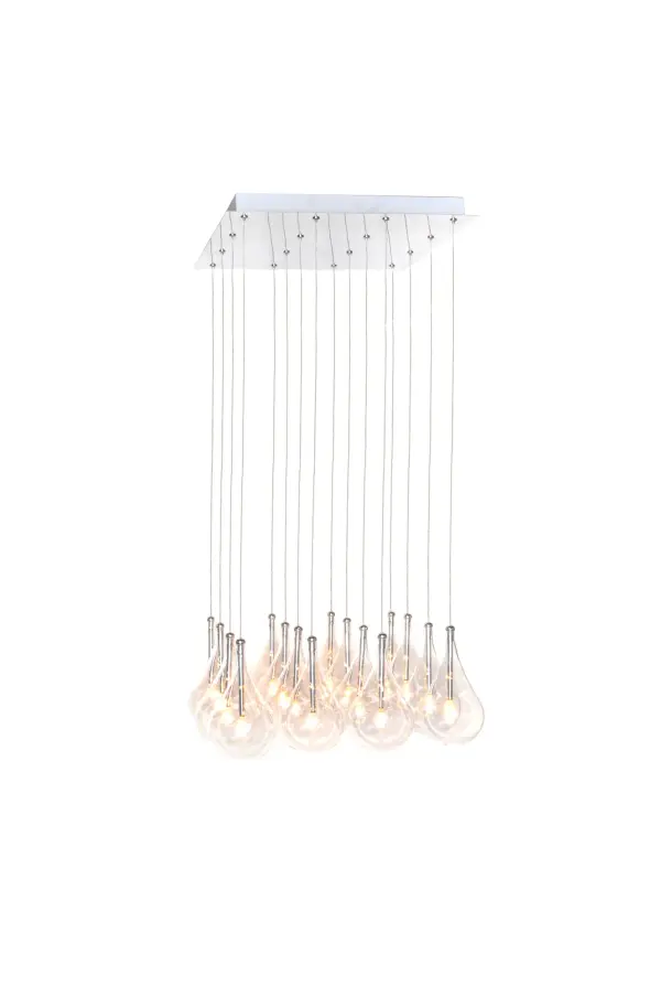 The Larmes pendant creates stunning visual impact with rows of oversized clear glass teardrops suspended on adjustable aircraft cables. Each drop can be individually positioned for custom stagger effects, while the polished chrome finish adds contemporary elegance. - alternate view