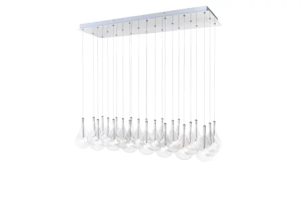 The Larmes Linear Pendant makes a stunning statement with rows of oversized clear glass teardrops suspended from polished chrome. Each teardrop is individually adjustable for custom stagger effects, creating dramatic visual impact perfect for modern dining rooms and grand spaces.