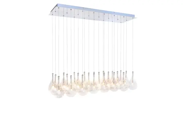 The Larmes Linear Pendant makes a stunning statement with rows of oversized clear glass teardrops suspended from polished chrome. Each teardrop is individually adjustable for custom stagger effects, creating dramatic visual impact perfect for modern dining rooms and grand spaces. - alternate view