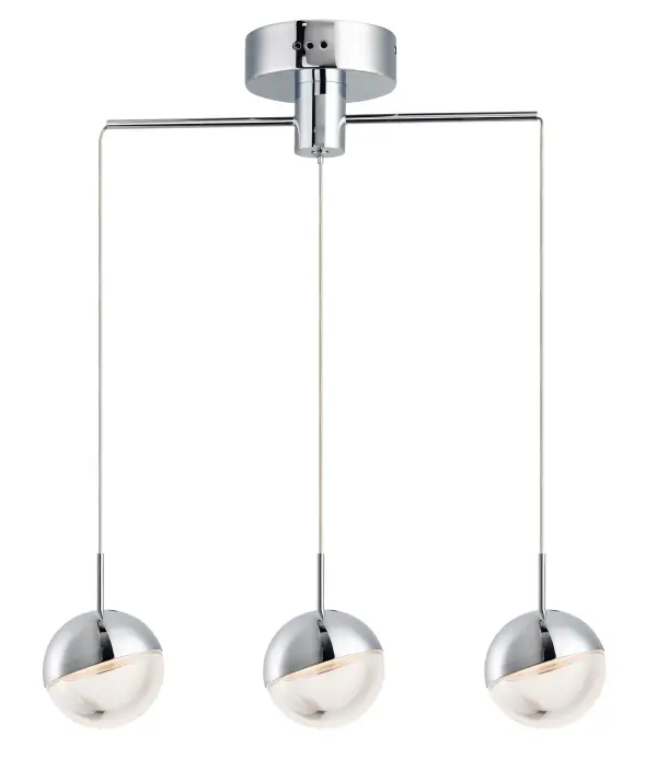 The Spot pendant combines polished chrome with clear acrylic spheres featuring innovative edge-lit LED technology. Adjustable slotted tops allow you to aim light where needed, making it both functional and stylish for contemporary spaces.