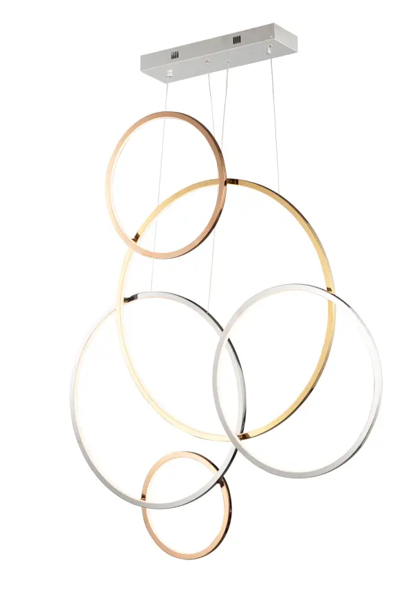 A large-scale architectural pendant featuring intersecting rings in mixed metal finishes. This versatile fixture can be installed vertically, horizontally, or even mounted as wall art, making it perfect for grand spaces.