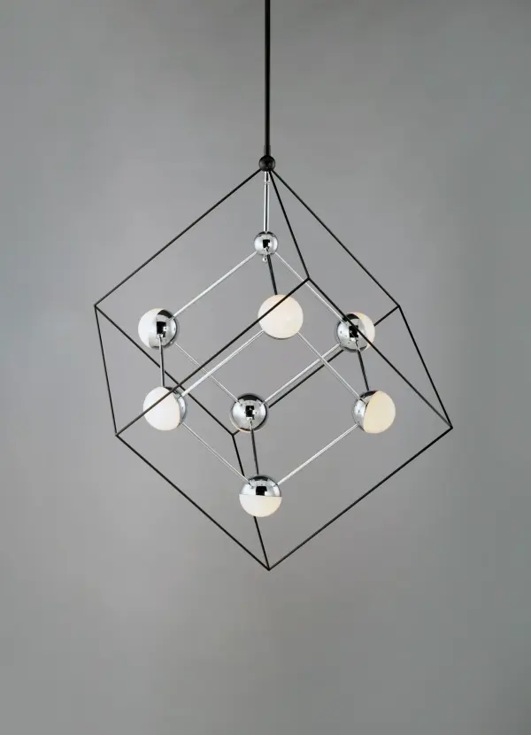The Ion pendant combines striking geometric Black frames with Polished Chrome accents and opal White glass for a contemporary statement piece. High-power LED delivers 2090 lumens with excellent color rendering, perfect for task and ambient lighting. - alternate view