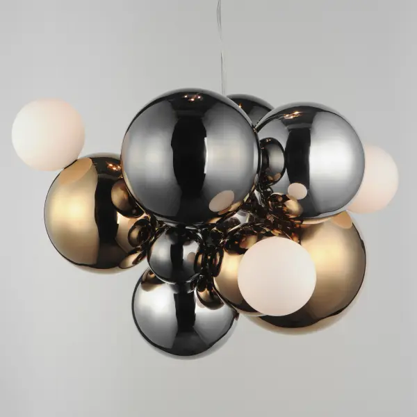 Stormy transforms lighting into art with its billowing cluster of mixed-metal spheres and layered glass globes. The interplay of Black Nickel, French Gold, and Polished Chrome creates extraordinary visual depth, while integrated downlights add functional refinement. A commanding statement piece for spaces that demand both drama and sophistication. - alternate view